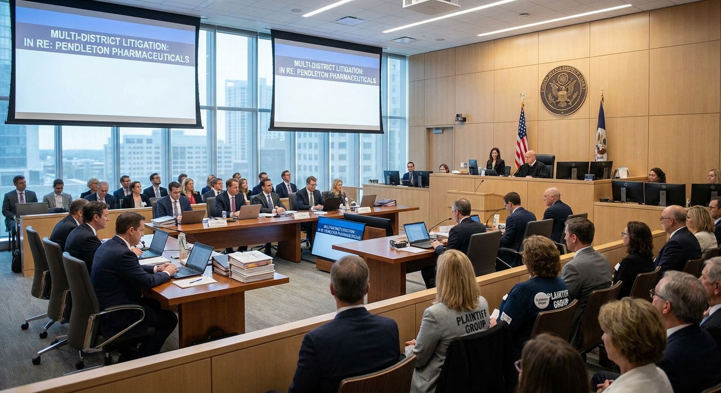 Escena del tribunal que representa el proceso de litigio por daños masivos